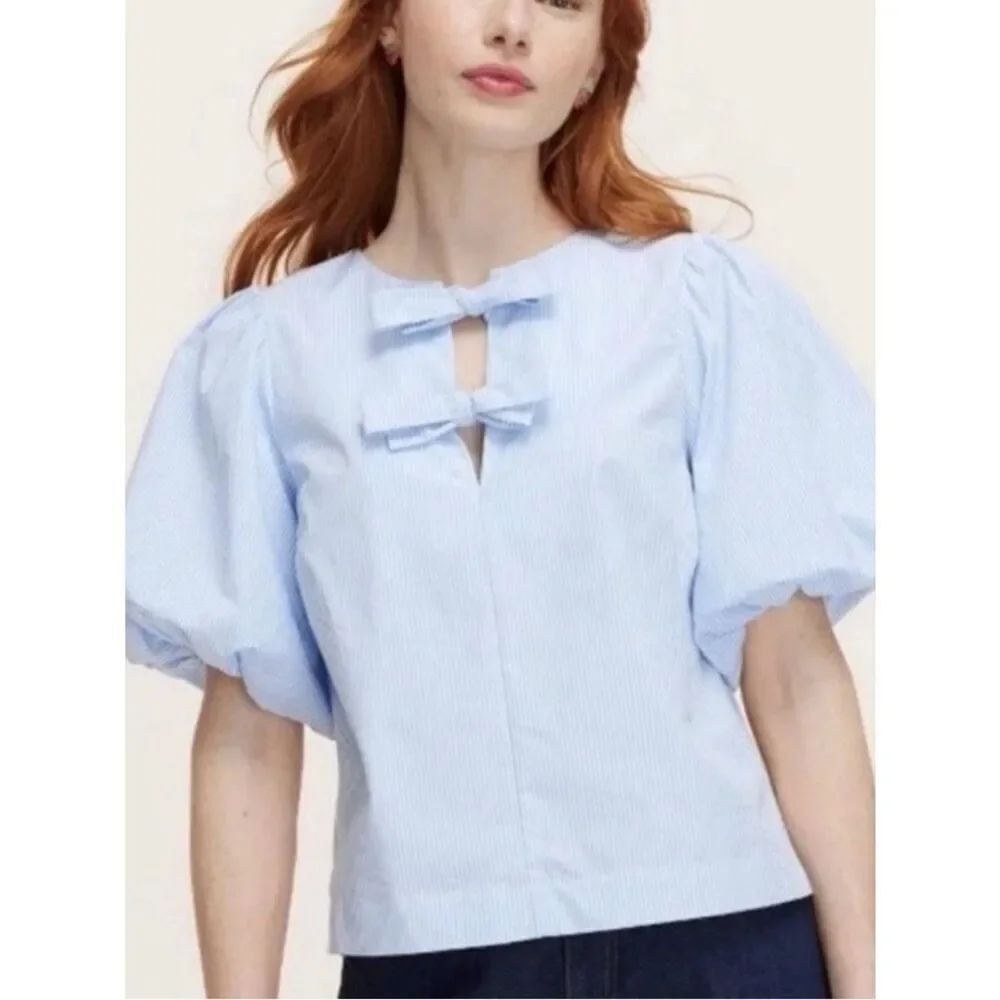 Kate Spade Light Blue and white striped Puff-Sleeve Bow-Accent Women's Top